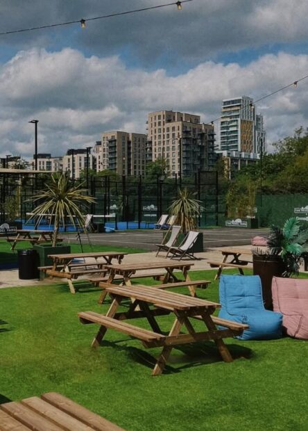 Outside socialising space at The Padel Yard Wandsworth.