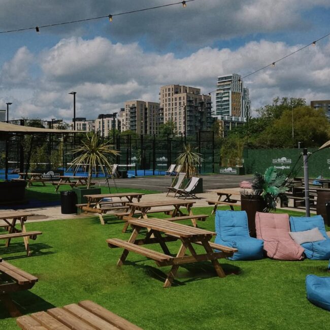 Outside socialising space at The Padel Yard Wandsworth.