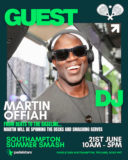 Martin Offiah dj-ing at Padel Stars' Summer Smash party